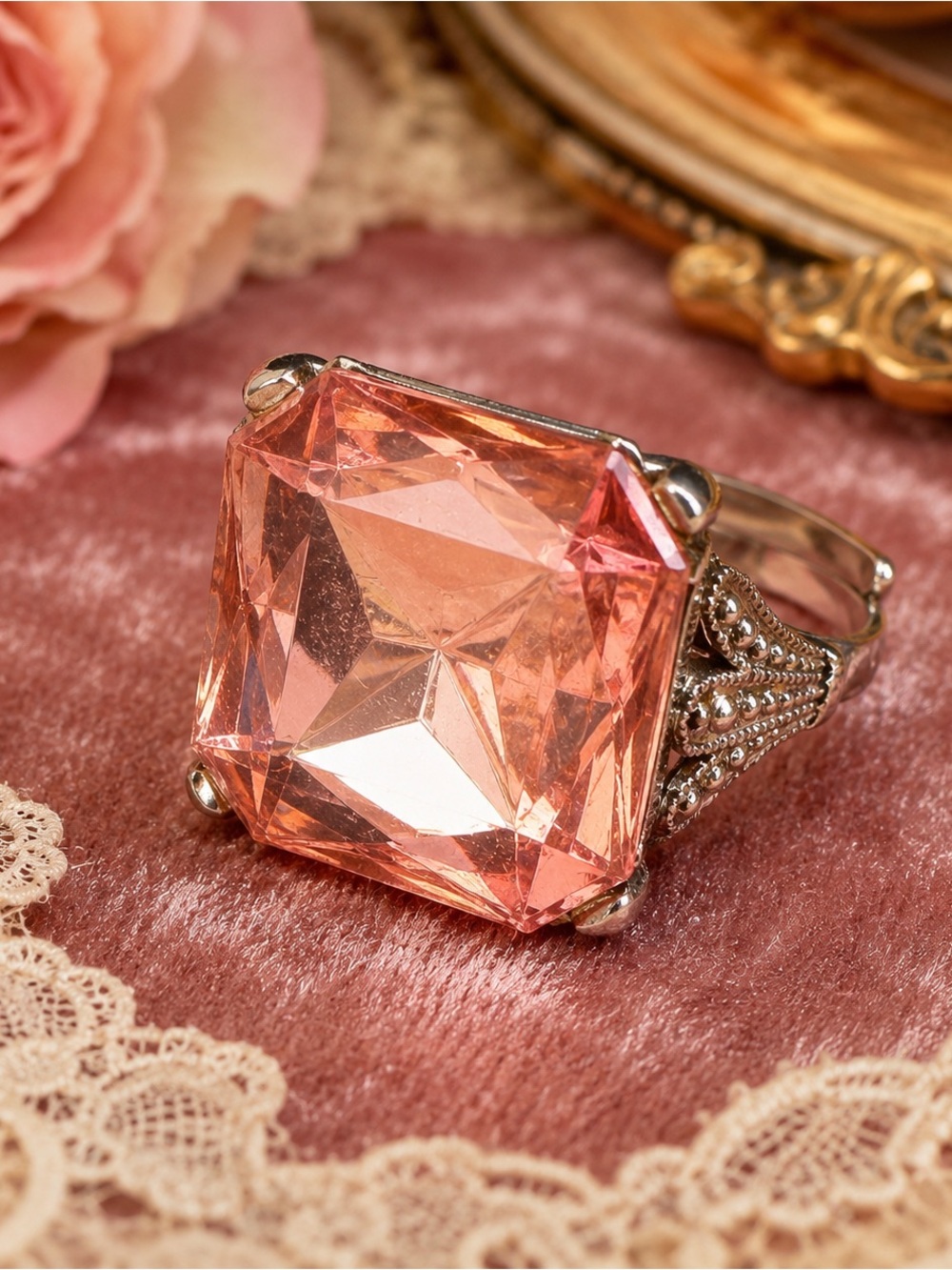 Vintage Adjustable Cocktail Ring Pink Faceted Crystal Rhinestone Statement